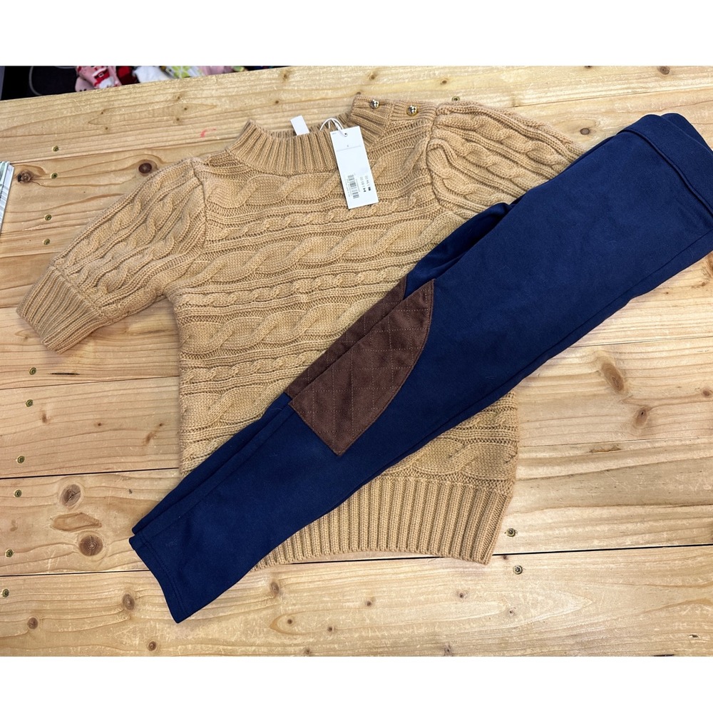 Janie and Jack Kids Cable Knit Sweater & Navy Riding‎ Pants Set Size 6
